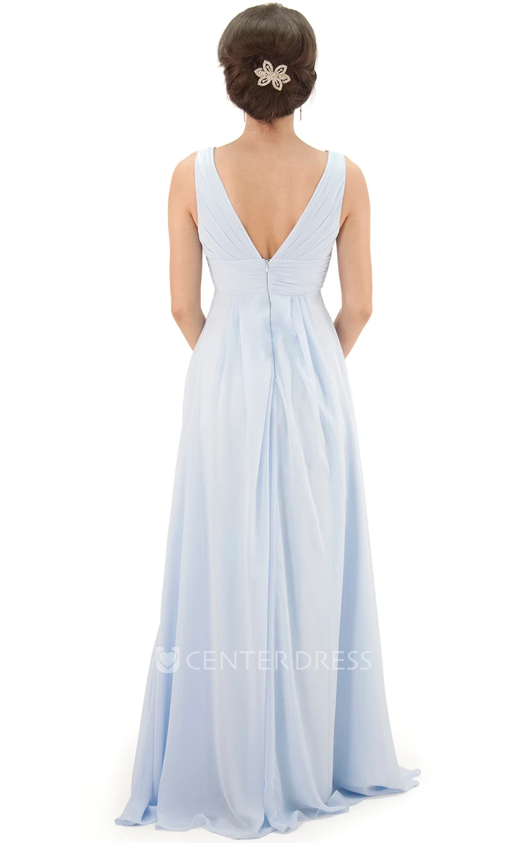 Floor-Length V-Neck Ruched Chiffon Bridesmaid Dress With Flower And V Back