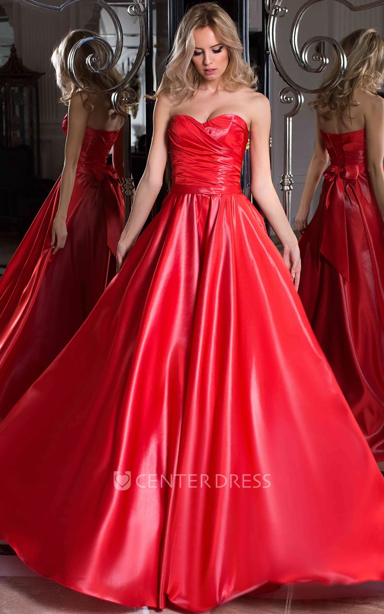 A-Line Criss-Cross Maxi Sweetheart Sleeveless Satin Prom Dress With Lace-Up Back And Bow
