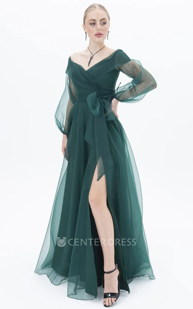 Simple Tulle Long Sleeve Floor-length A Line Prom Dress with Split Front