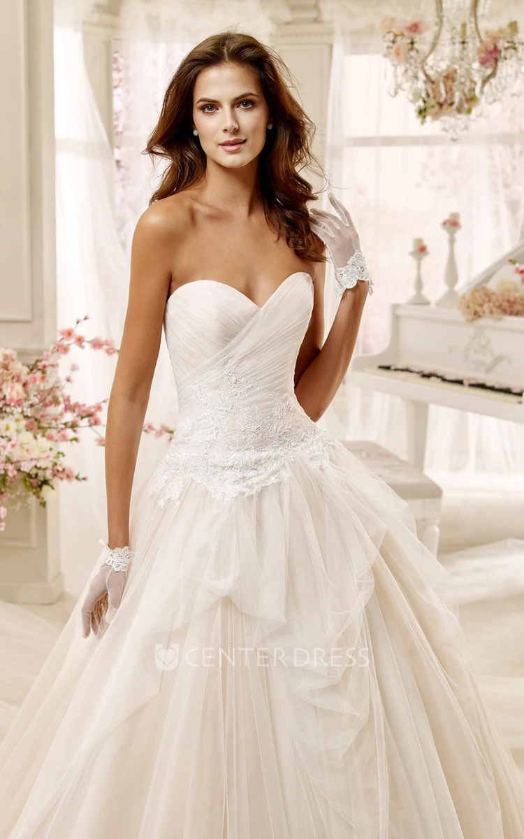 Sweetheart A-Line Pleated Gown With Pleated Corset And Appliques