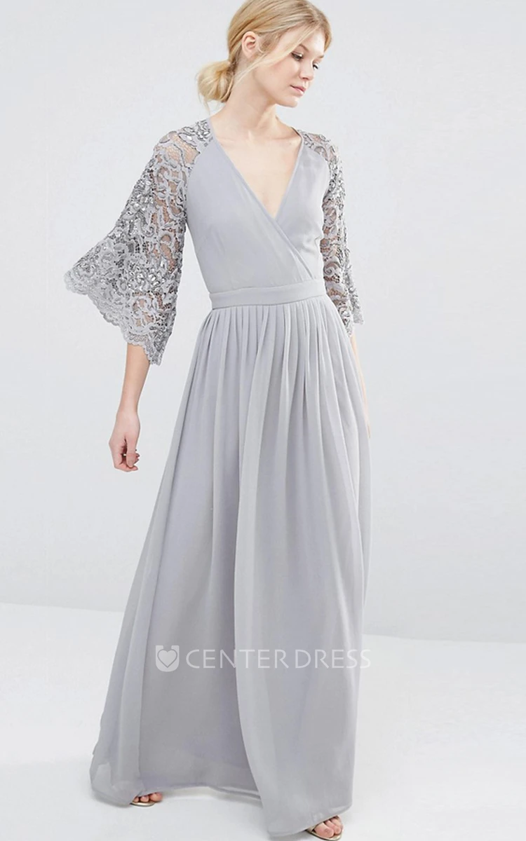 V-Neck Bell Sleeve Lace Chiffon Bridesmaid Dress With Pleats