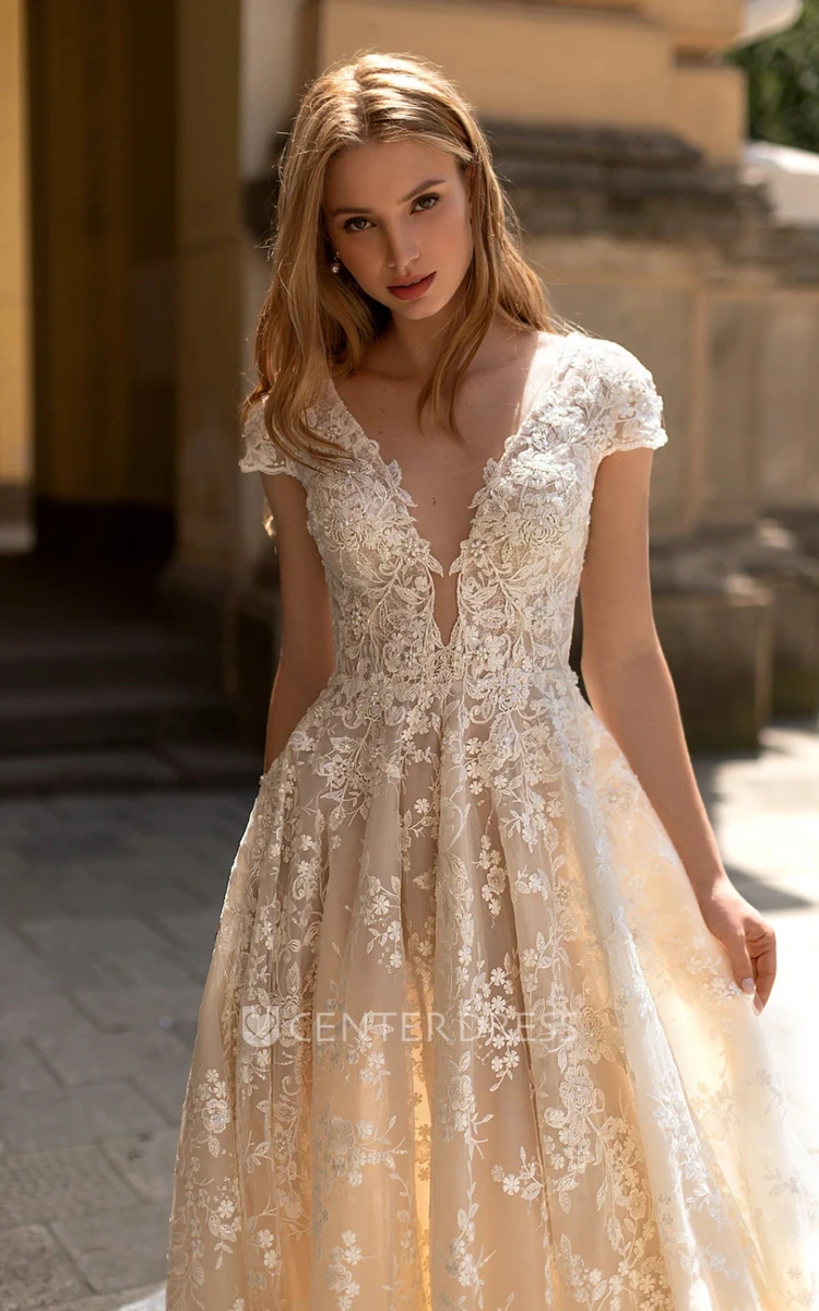 A-Line Lace Wedding Dress with Romantic Plunging Neckline and Zipper Back