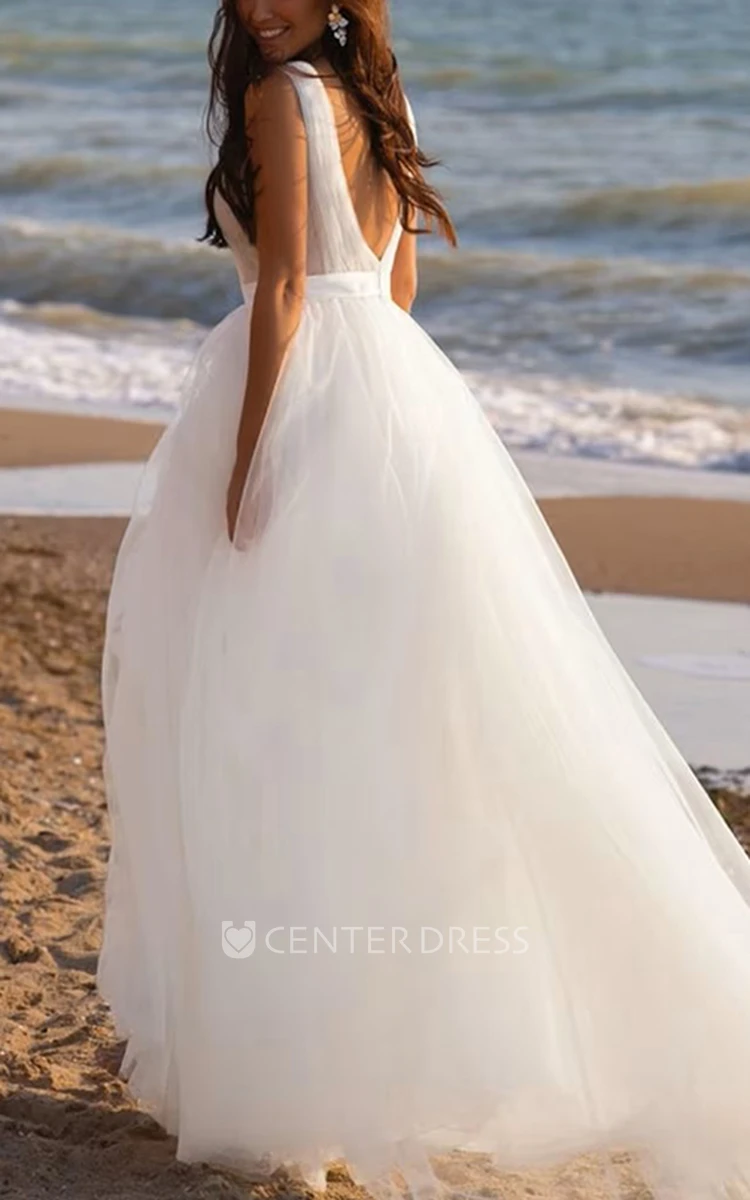 Beach Garden Elegant A-Line Wedding Dress Sexy Elopement Plunging Neckline Tulle Gown