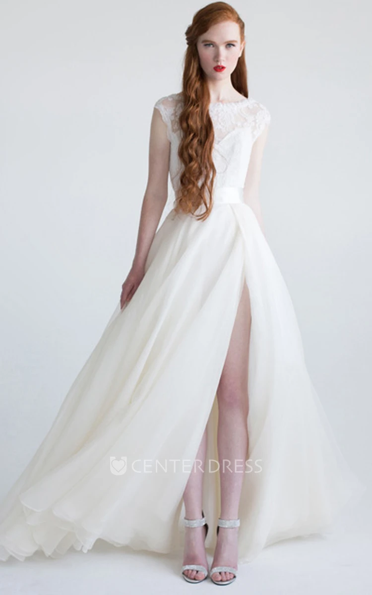 A-Line Bateau-Neck Cap-Sleeve Split-Front Floor-Length Tulle Wedding Dress With Appliques And Bow