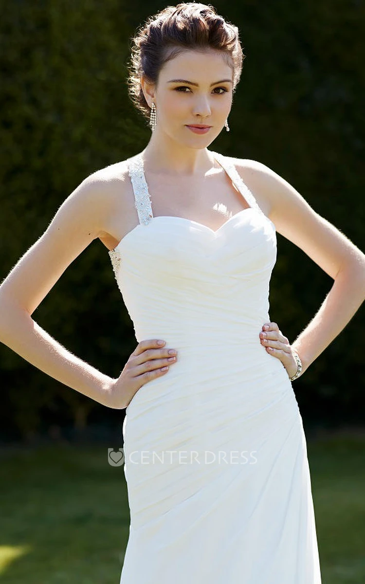 Halter Floor-Length Criss-Cross Chiffon Wedding Dress With Court Train And Keyhole