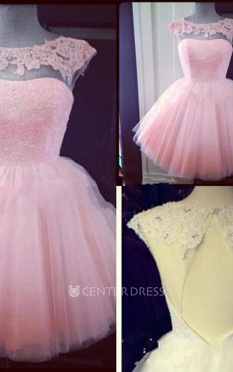 Cute Pink Cap Sleeve Appliques Homecoming Dress Mini Tulle