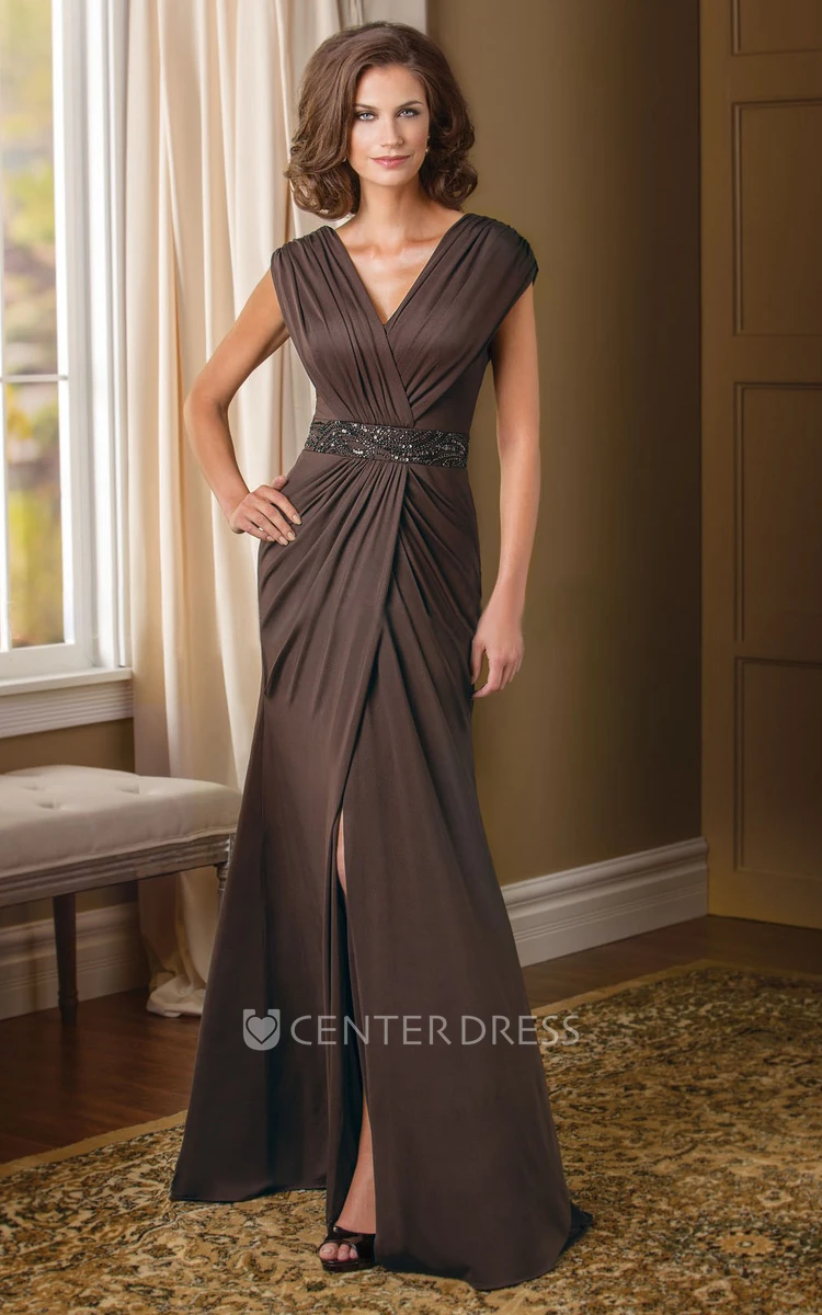 Cap-Sleeved V-Neck Mother Of The Bride Dress With Front Slit And Sequins