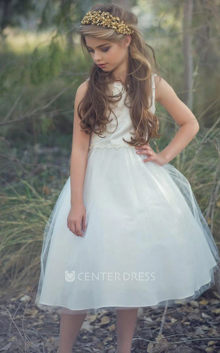 Floral Tea-Length Beaded Appliqued Tulle&Sequins Flower Girl Dress With Tiers