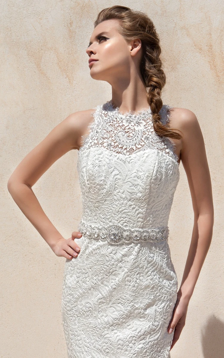 Sheath High-Neck Sleeveless Beaded Maxi Lace Wedding Dress With Appliques