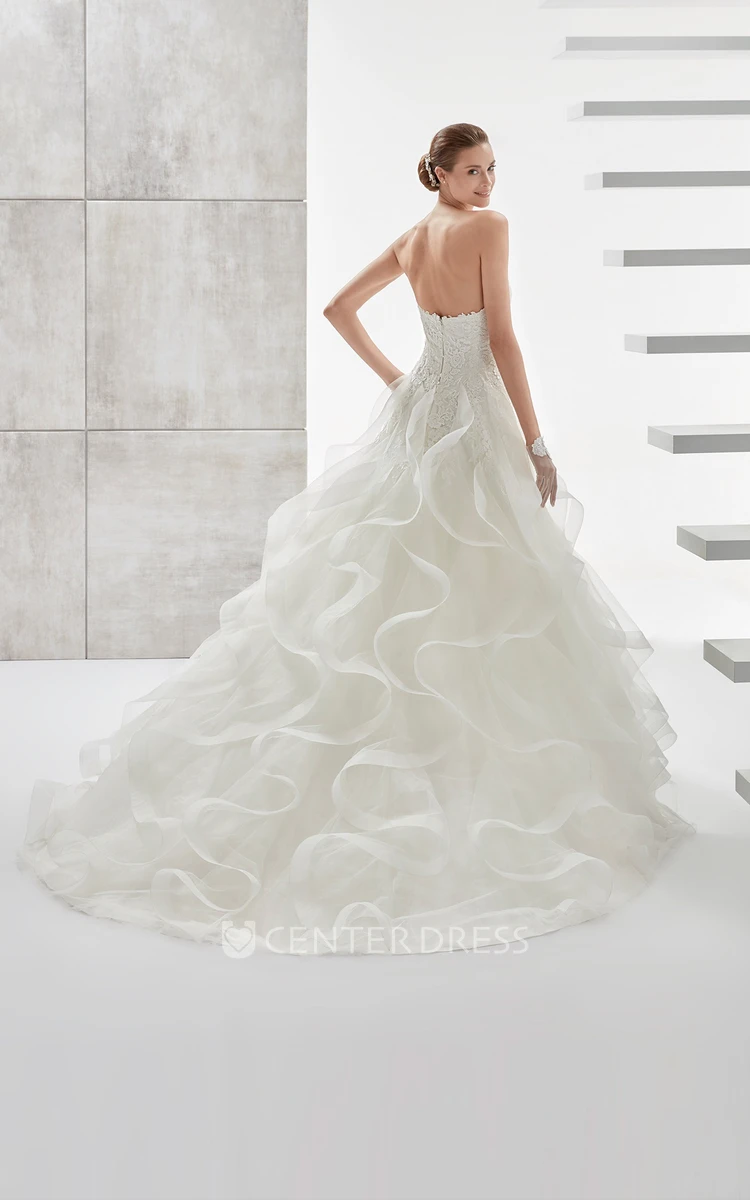 Sweetheart A-Line Brush-Train Gown With Lace Corset And Cascading Ruffles