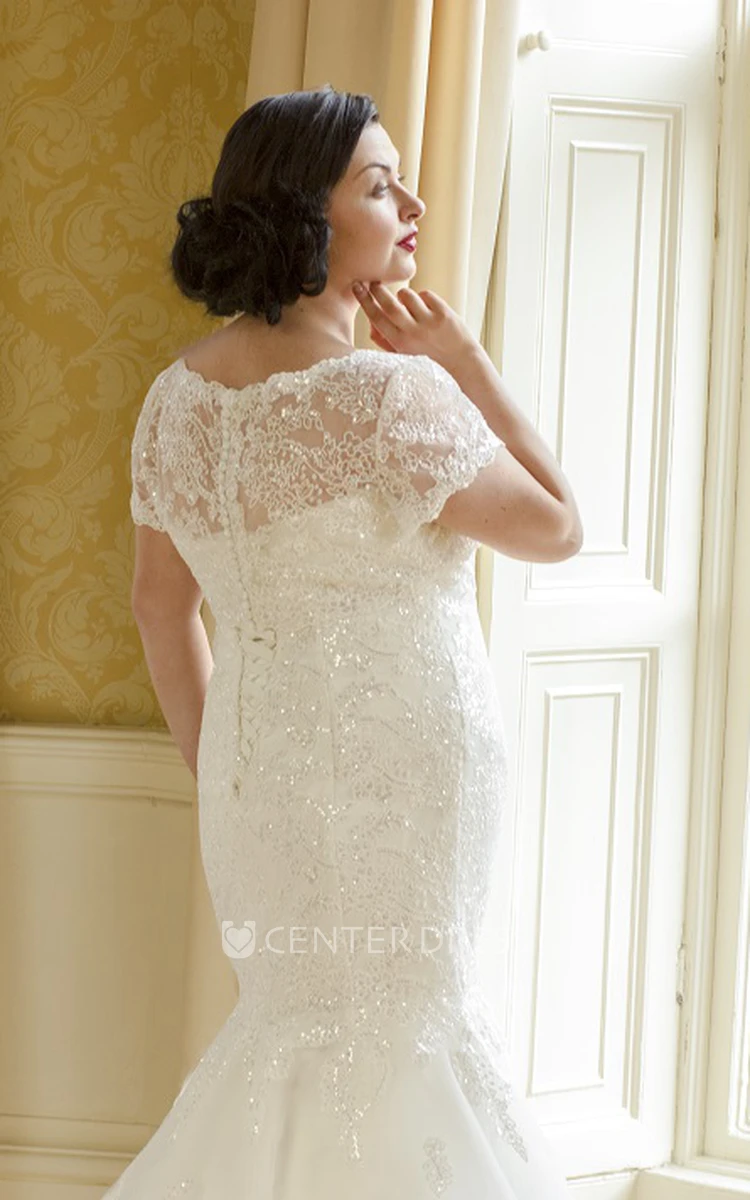 Lace-Up Mermaid Organza Bridal Gown With Removable Lace Short-Sleeve Top