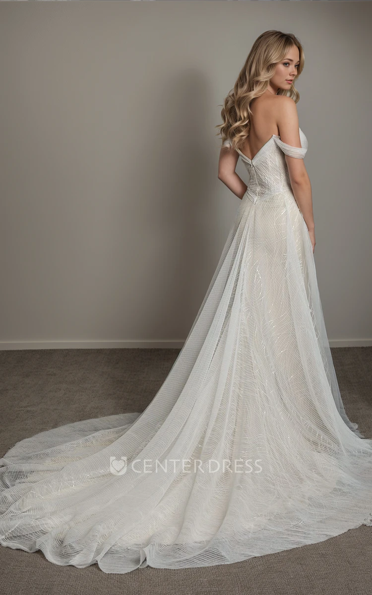 Romantic Elegant Sheath Off-the-shoulder V-neck Pleats Tulle Split Front Wedding Dress Sexy Modern Floor-length Court Train Sleeveless Zipper Low-V Back Bridal Gown