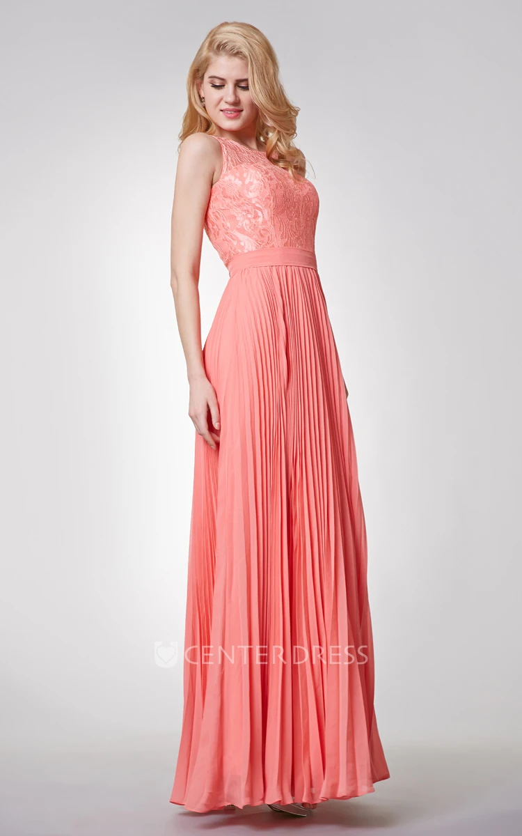 Lace Neckline A-line Long Pleated Chiffon Dress
