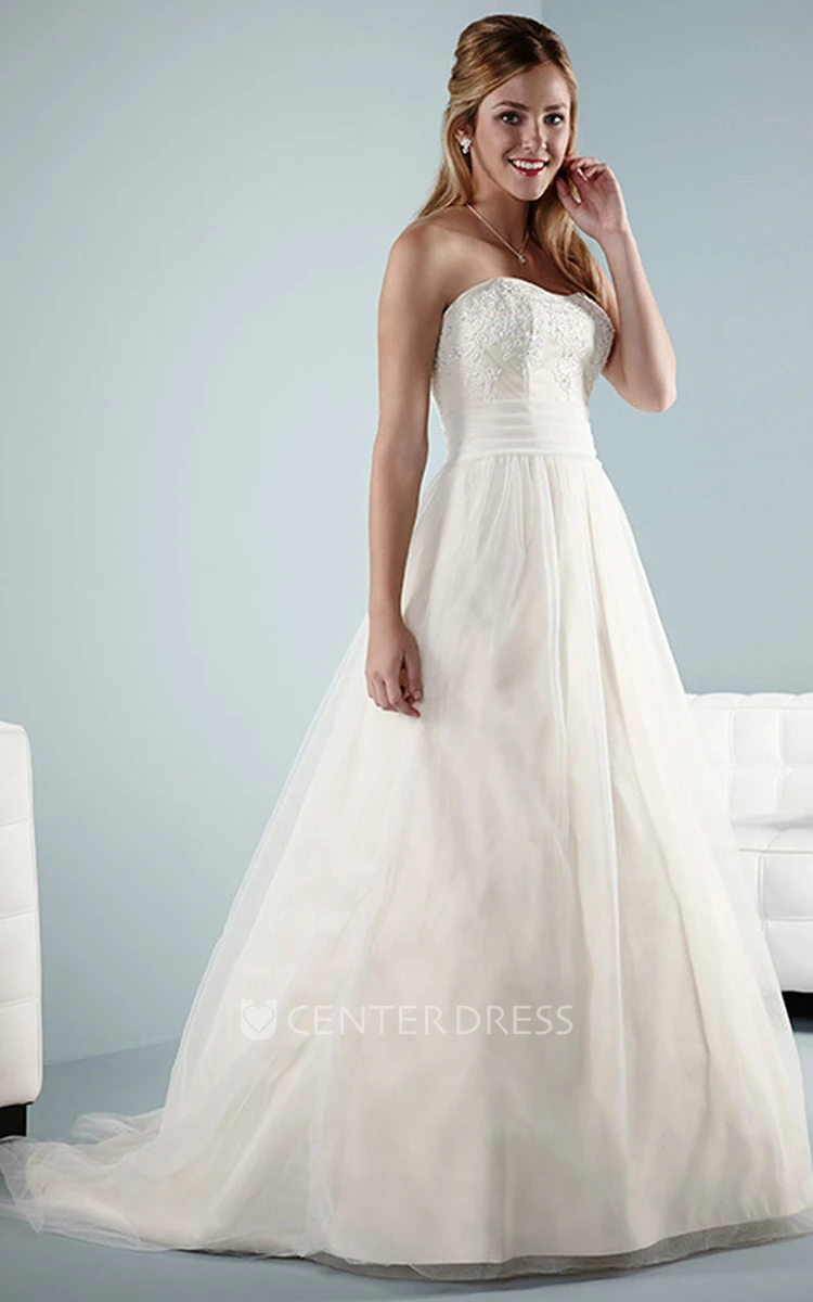 A-Line Long Sleeveless Appliqued Strapless Satin Wedding Dress With Low-V Back And Court Train