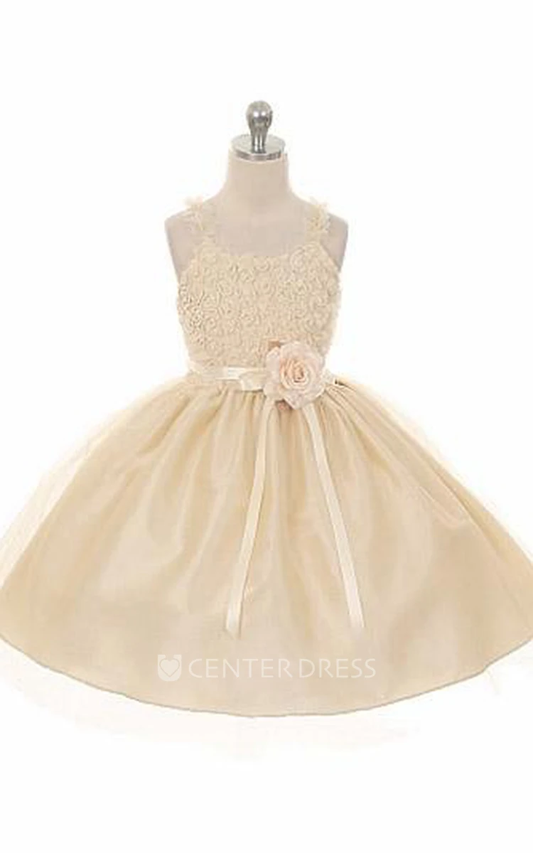 Ruffled Tea-Length Tiered Tulle Flower Girl Dress With Embroidery