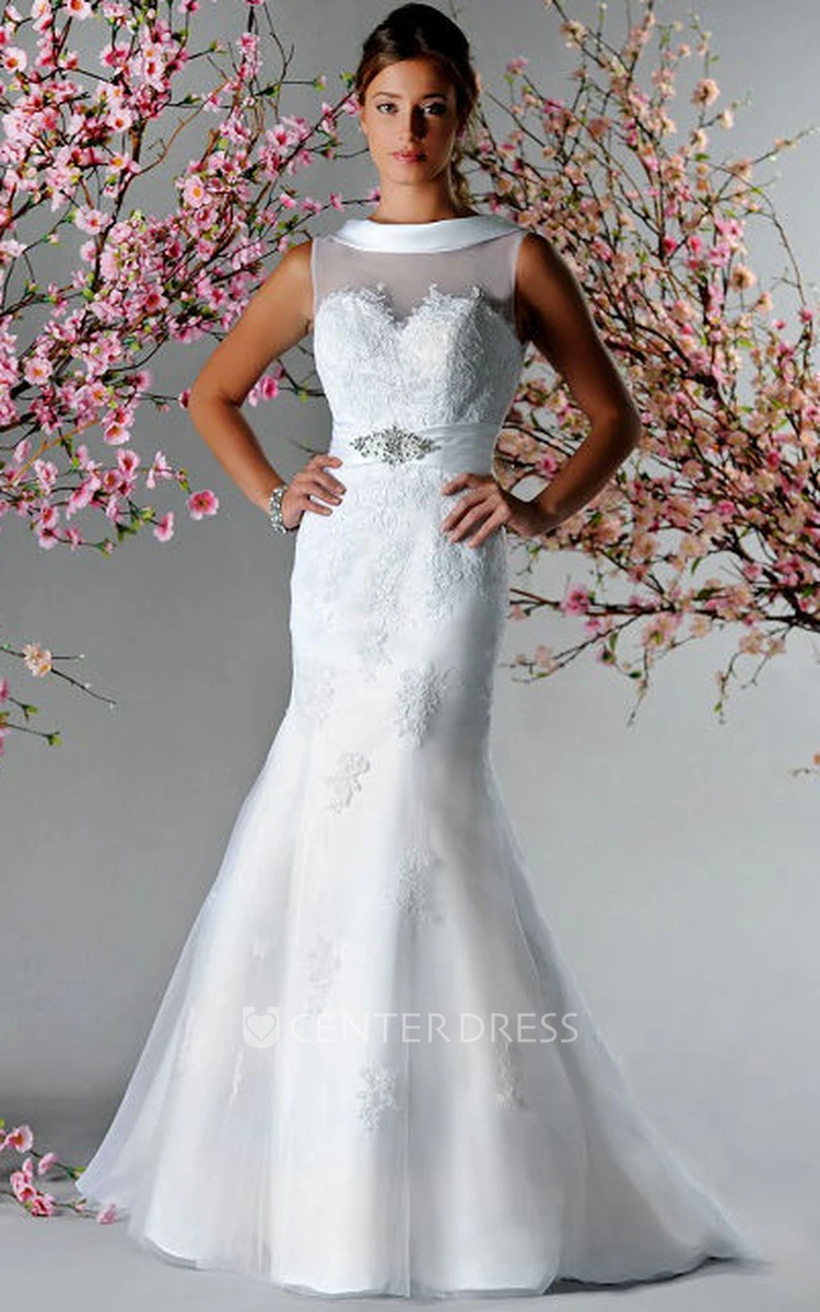 Satin Neck V Back Mermaid Bridal Gown With Appliques And Crystal