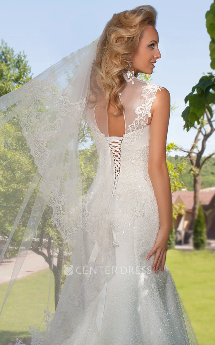 Sheath Appliqued High Neck Long Cap-Sleeve Lace Wedding Dress With Keyhole Back And Beading