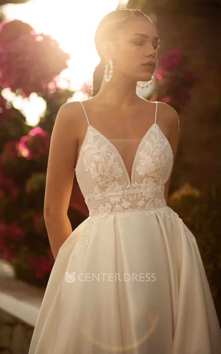 A-Line Satin Plunging V-neck Straps Sexy Wedding Dress with Chapel Train