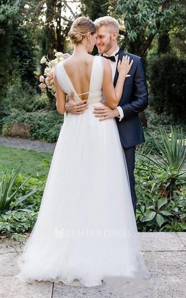 A Line Sleeveless Tulle Romantic Deep-V Back Wedding Dress with Ruffles