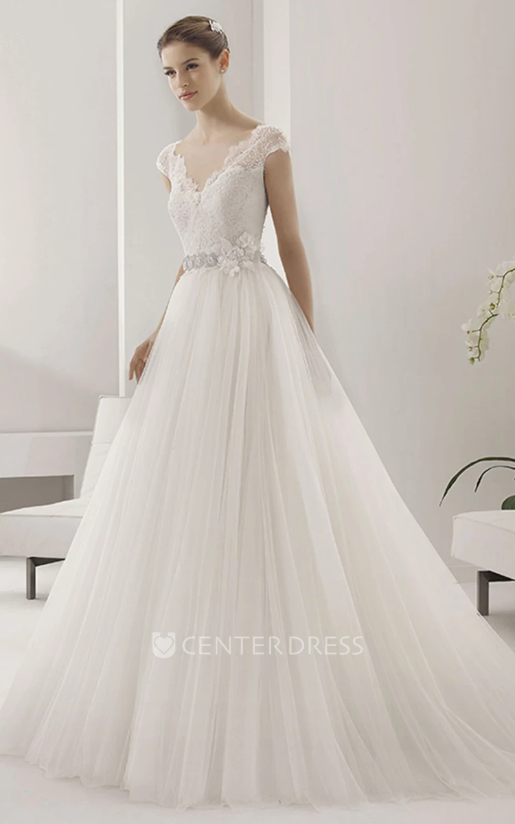 Scalloped V Neck Cap Sleeve Tulle Ball Gown With Lace Top And Beading Floral Waist