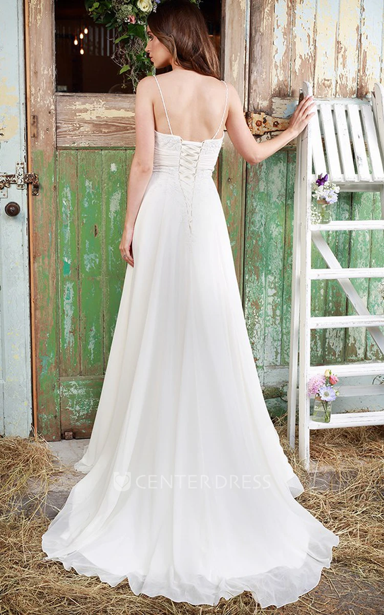 Pleated Spaghetti Long Chiffon Wedding Dress With Appliques And Corset Back