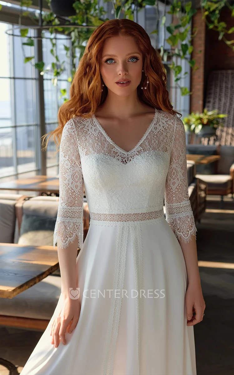 Romantic V-neck A Line Lace Court Train Wedding Dress with Appliques