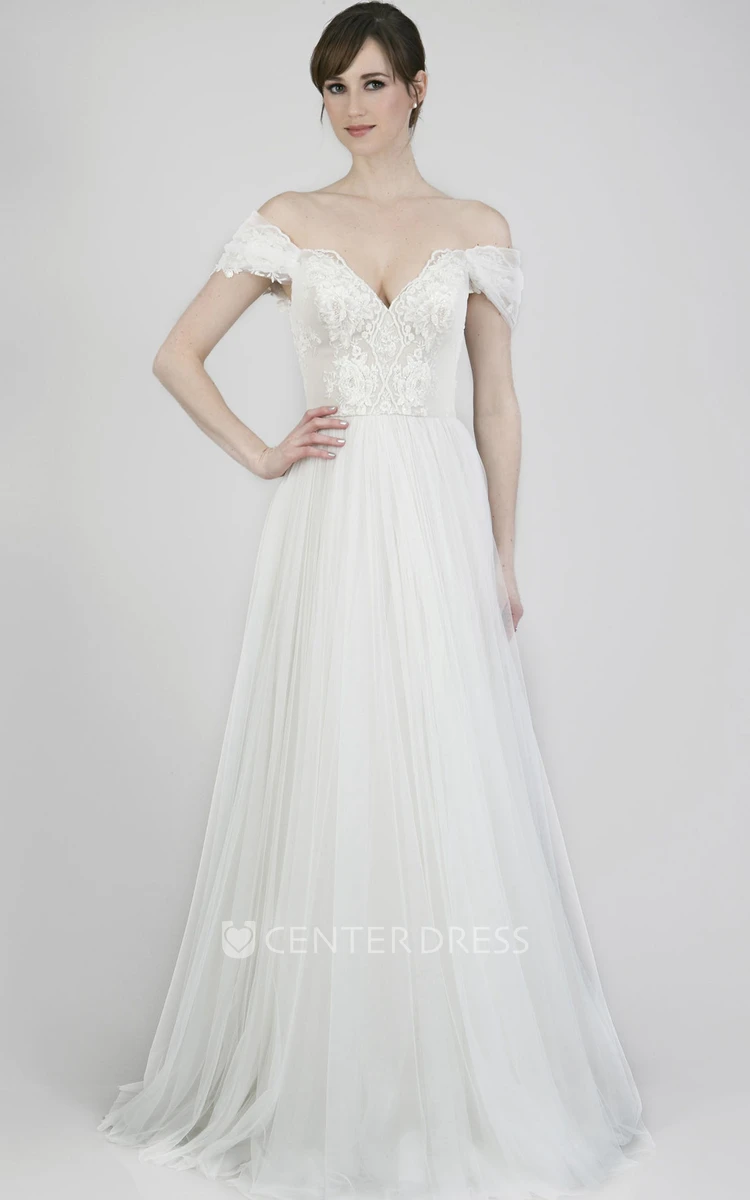 Off-The-Shoulder Floor-Length Appliqued Chiffon Wedding Dress