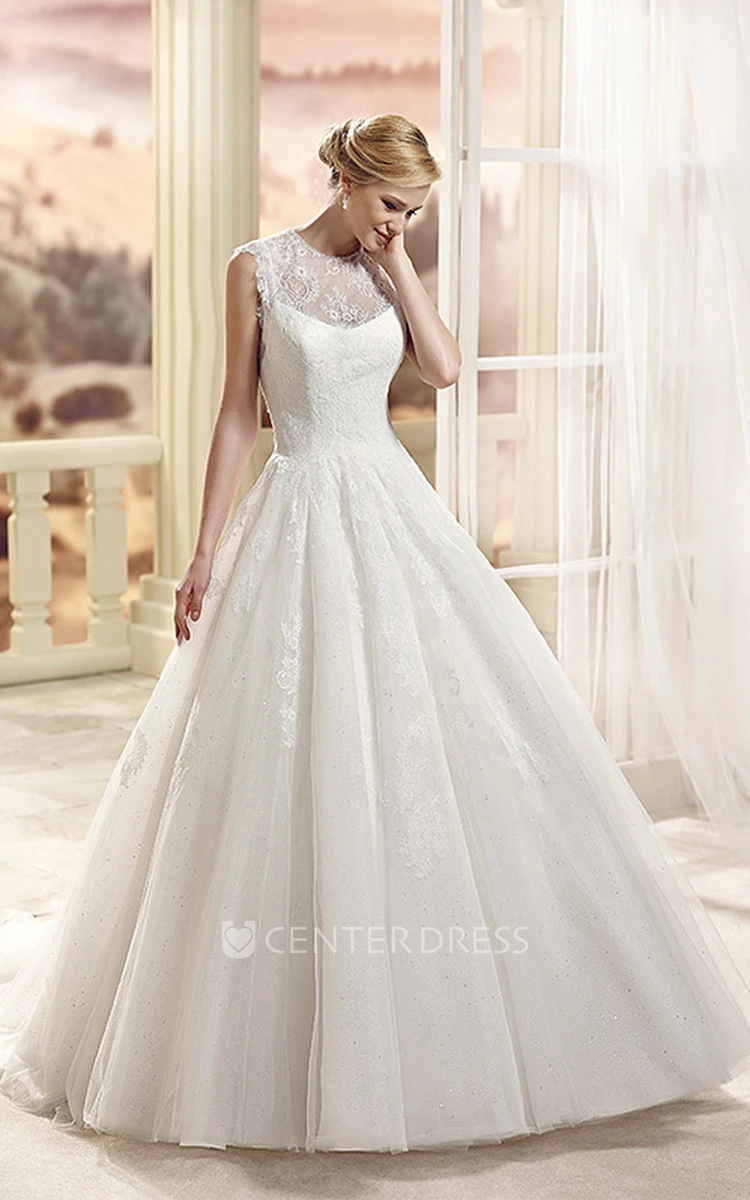 A-Line Appliqued Sleeveless Floor-Length Scoop-Neck Tulle Wedding Dress