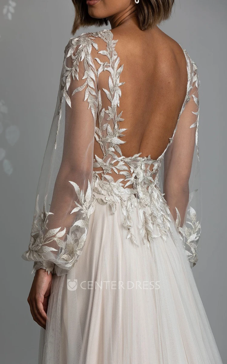 A-Line Tulle Beach Wedding Dress with V-neck Appliques Flowy Beach Wedding Dress with V-neck Appliques
