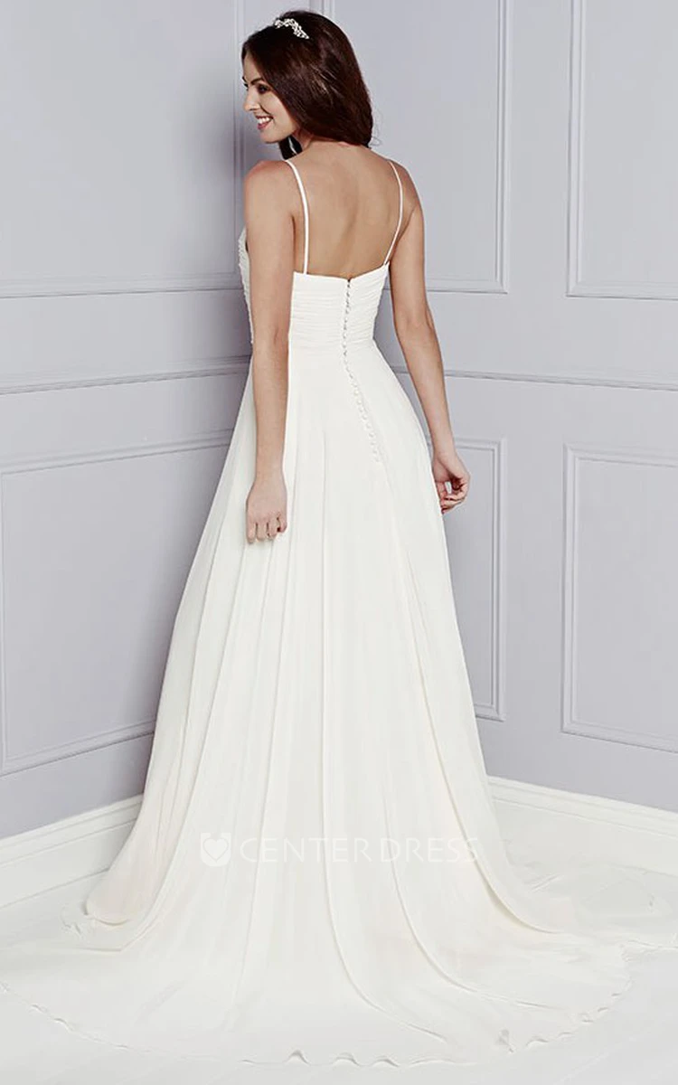 A-Line Spaghetti Sleeveless Ruched Floor-Length Chiffon Wedding Dress