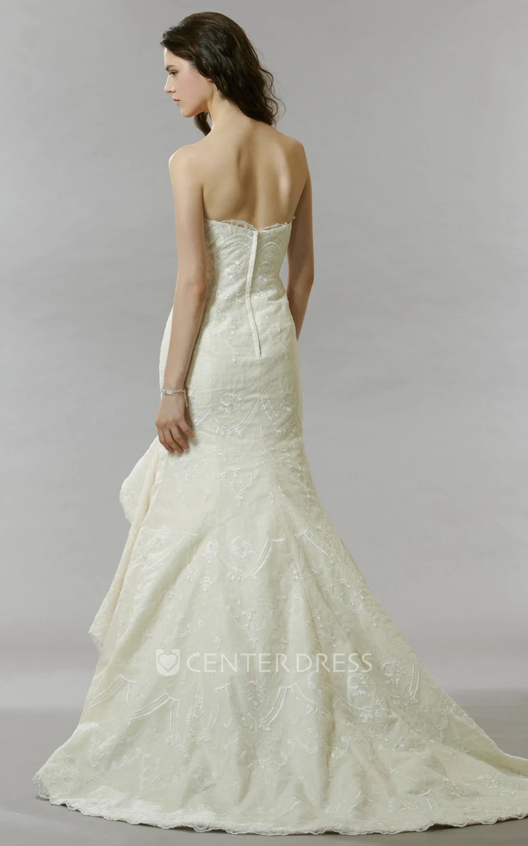 Mermaid Appliqued Strapless Lace Wedding Dress With Draping And Court Train