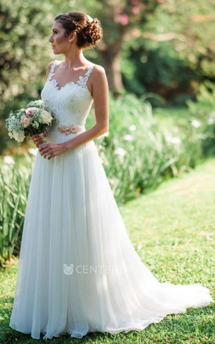 Modern Chiffon Lace Straps Floor-length Brush Train Sleeveless A Line Wedding Dress