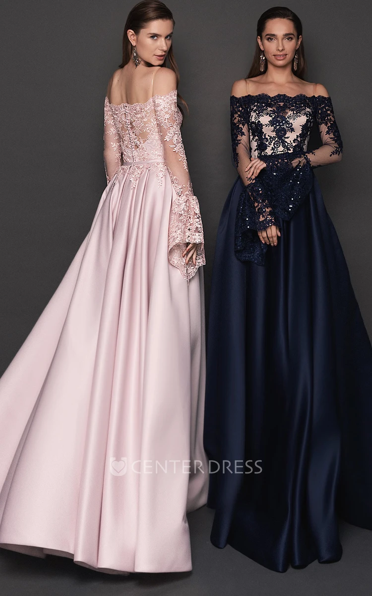 Romantic Off-the-shoulder A Line Floor-length Long Sleeve Lace Evening Dress with Ruching