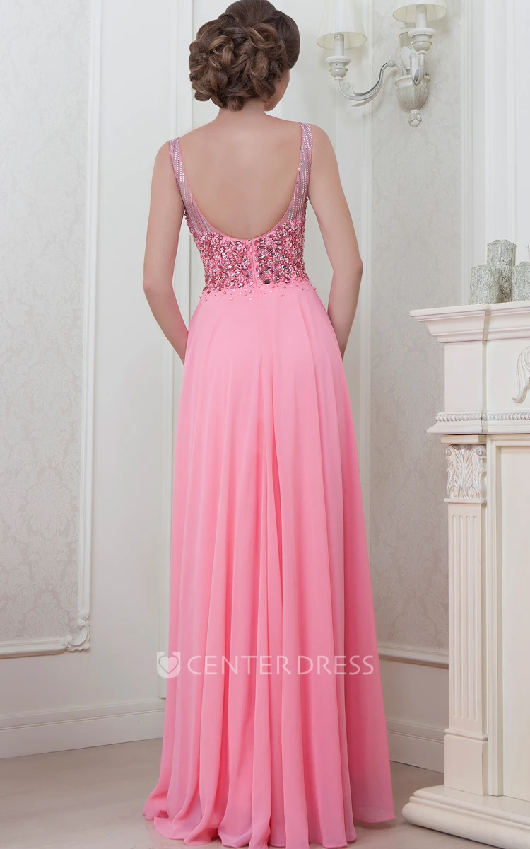 A-Line Floor-Length Beaded Sleeveless Jewel-Neck Chiffon Evening Dress With Pleats