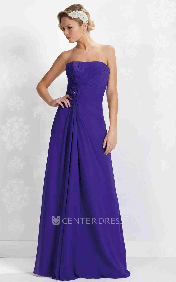 Maxi Ruched Strapless Chiffon Bridesmaid Dress With Flower And Lace-Up