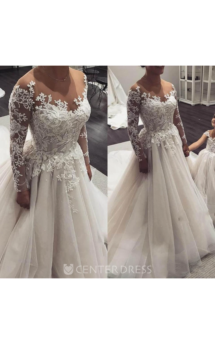 Elegant Corset Back A-Line Tulle Wedding Dress With Fancy Appliques & Court Train