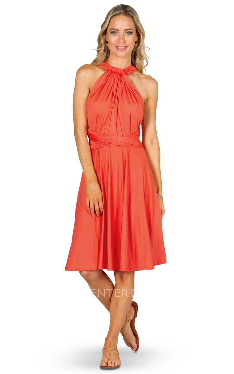 Knee-Length Halter Sleeveless Chiffon Convertible Bridesmaid Dress With Ruching And Straps