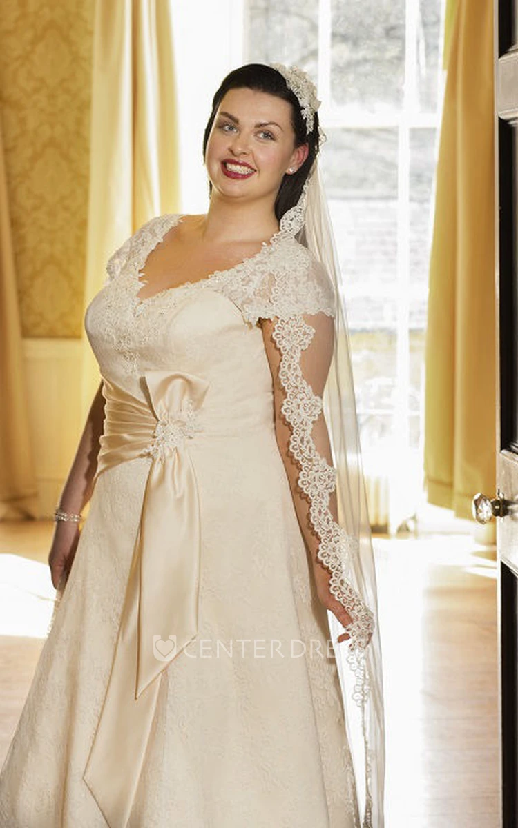 Cap Sleeve Lace Bridal Gown With Satin Sash And Lace Up