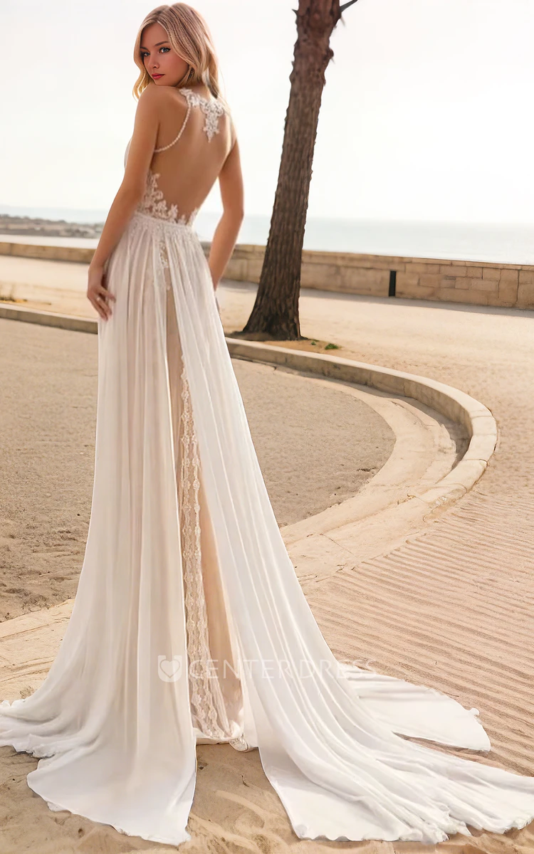 Vintage Boho Beach A-Line Lace Wedding Dress Floral Sexy Modern Sleeveless Jewel Neck Bridal Gown with Train