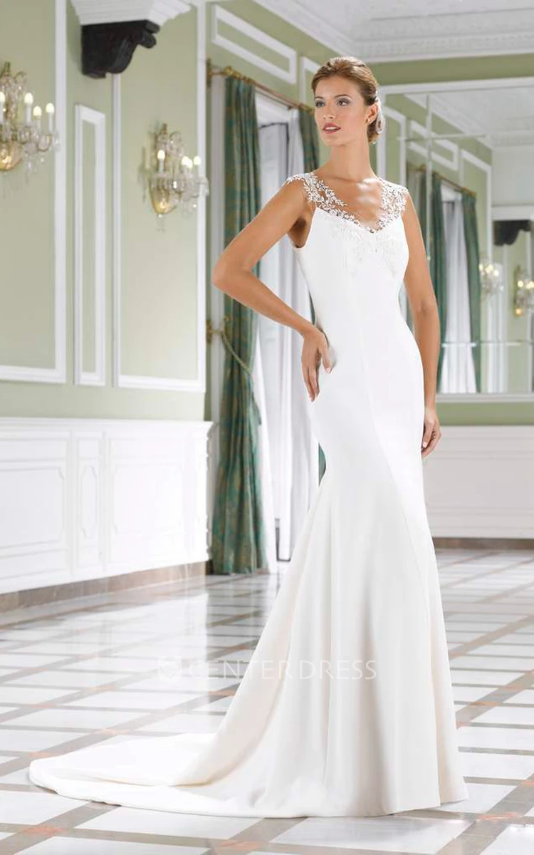 A-Line V-Neck Sleeveless Long Tiered Lace Wedding Dress With Appliques And Low-V Back