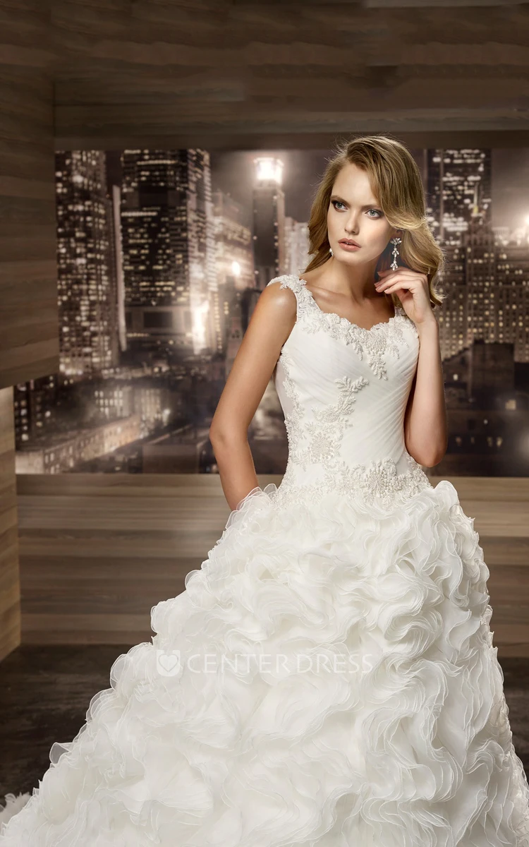 Square-neck Cap sleeve Lace Wedding Dress with Cascading Ruffles and Pleated Details