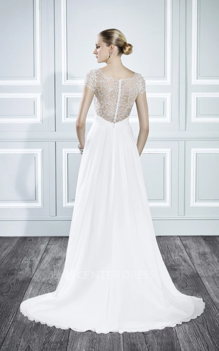 V-Neck Maxi Criss-Cross Cap-Sleeve Chiffon Wedding Dress