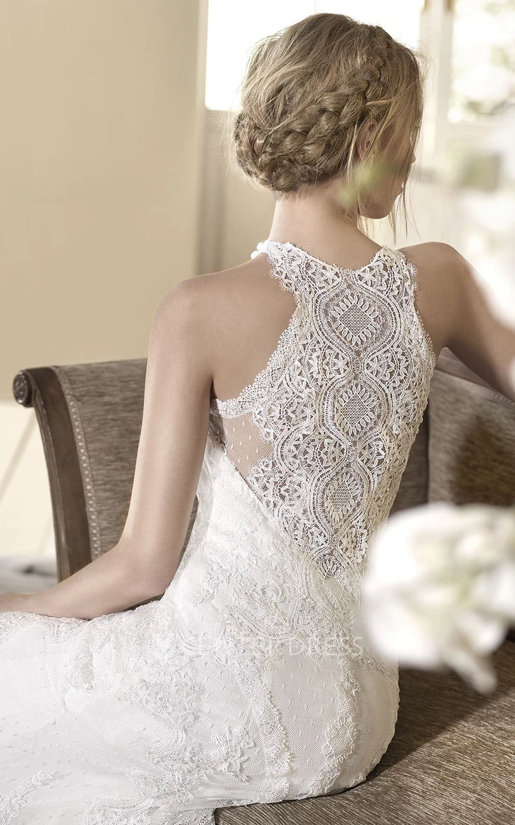 Sheath Appliqued Sleeveless High-Neck Floor-Length Lace Wedding Dress