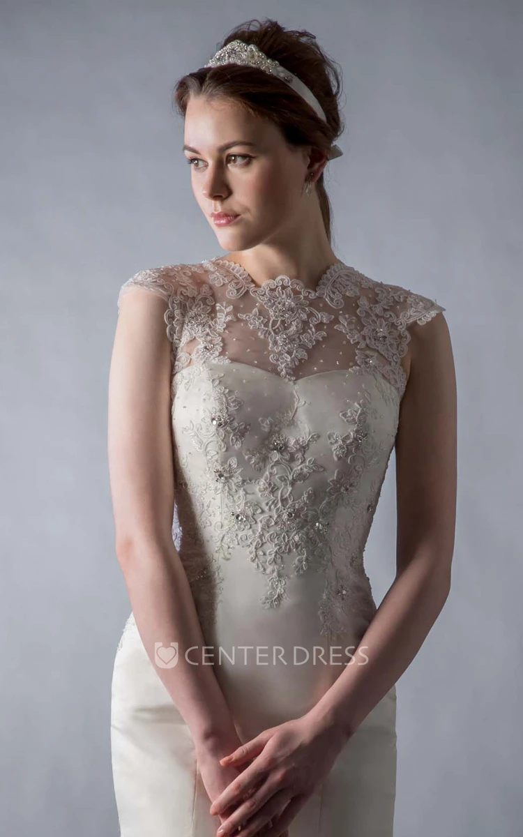 Sheath Jewel Floor-Length Cap-Sleeve Appliqued Satin Wedding Dress With Illusion Back And Beading