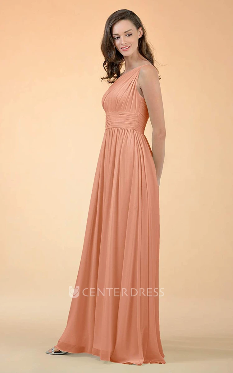 Simple Chiffon Floor-length One-shoulder A Line Sleeveless Bridesmaid Dress With Ruching