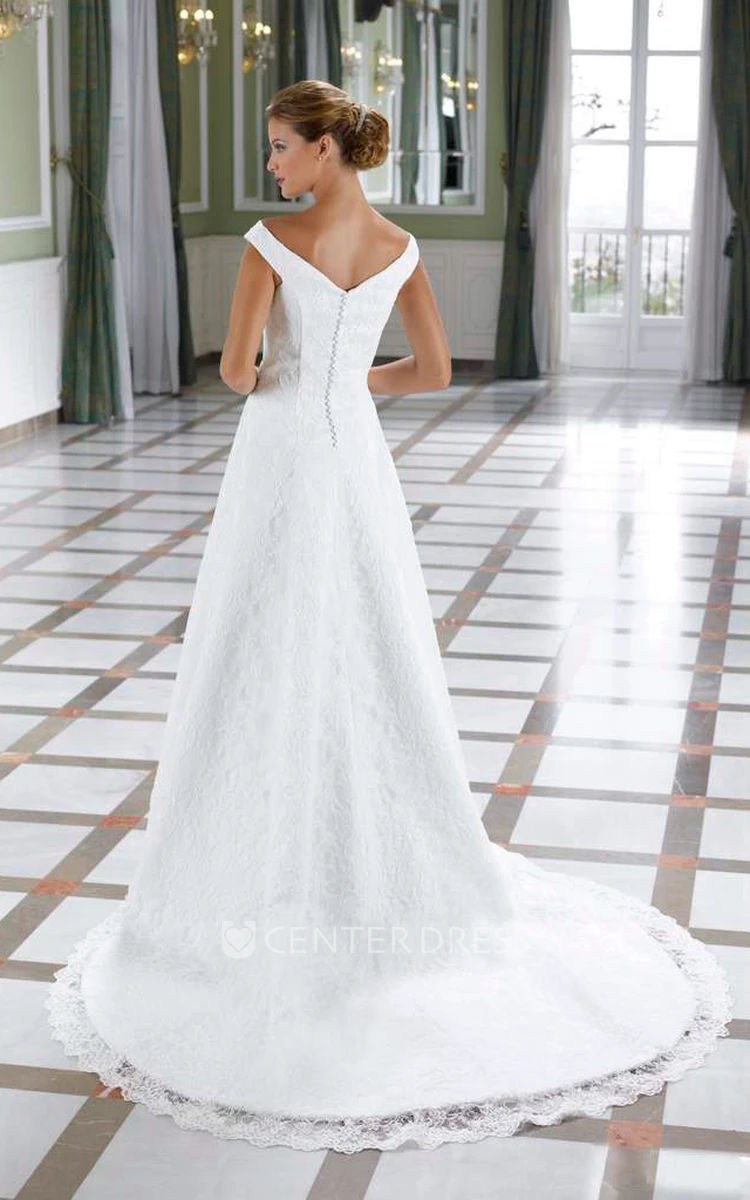 A-Line Jeweled Floor-Length V-Neck Sleeveless Lace Wedding Dress With Court Train And Low-V Back