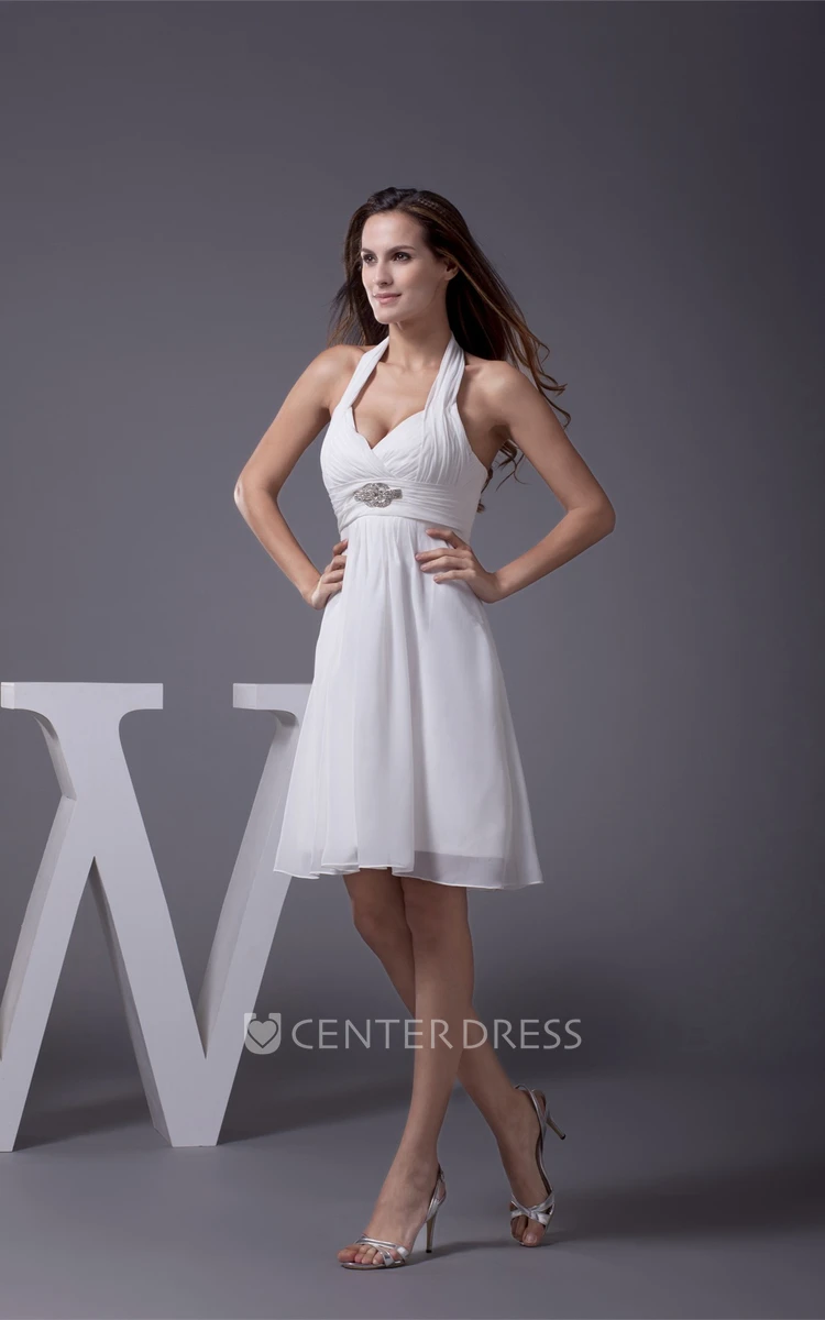 Knee-Length Sleeveless Halter A-Line Dress with Ruching and Beadings