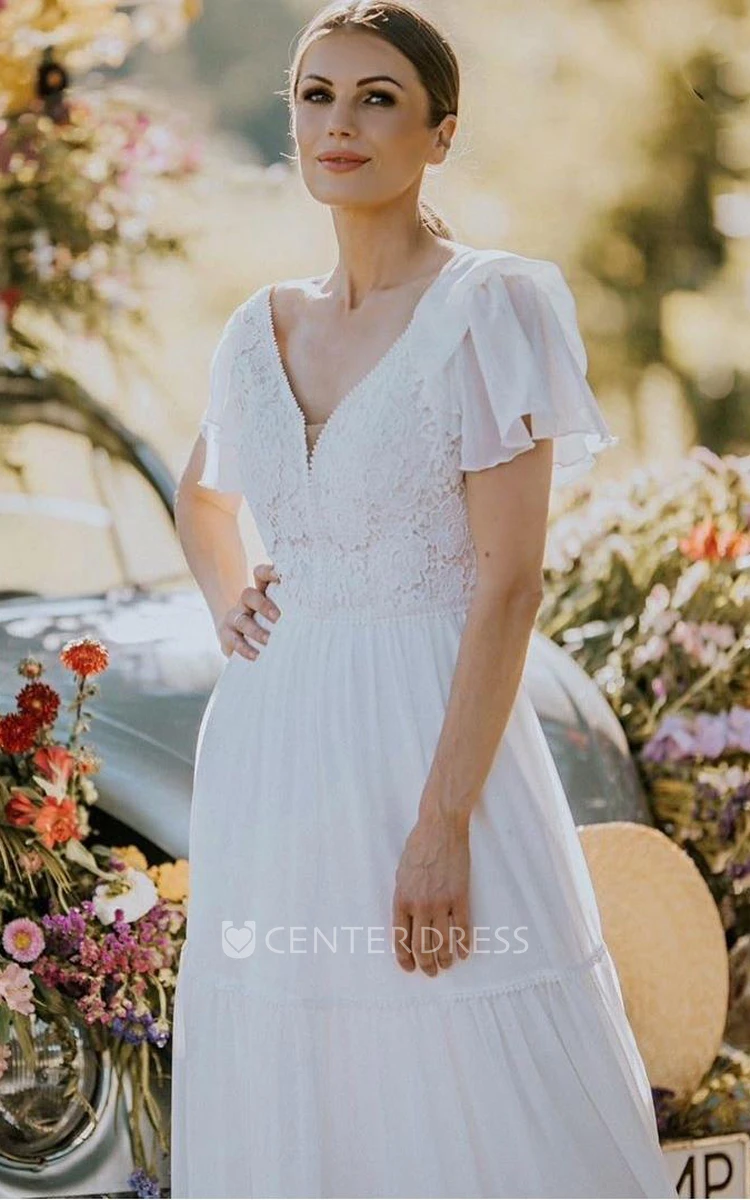 Casual V-neck Lace Short Sleeve Floor-length A Line Wedding Dress with Ruffles