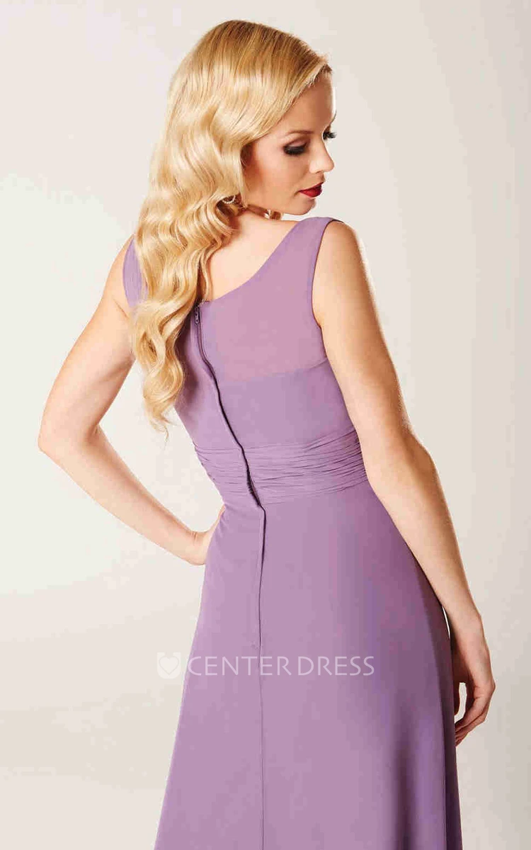 Ruched Sleeveless Scoop Neck Chiffon Bridesmaid Dress With Illusion Back