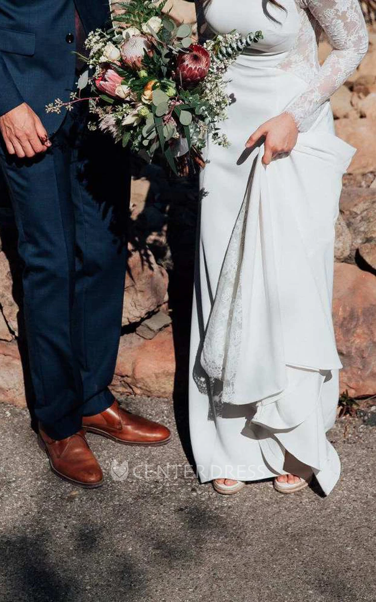 Jewel-Neck Lace Long Sleeve Chiffon Wedding Dress With Illusion